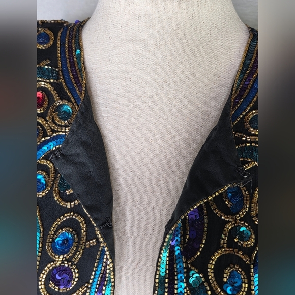 Vintage Laurence Kazar Silk Sequin Beaded Jacket Black Multicolor Size L - Picture 8 of 10
